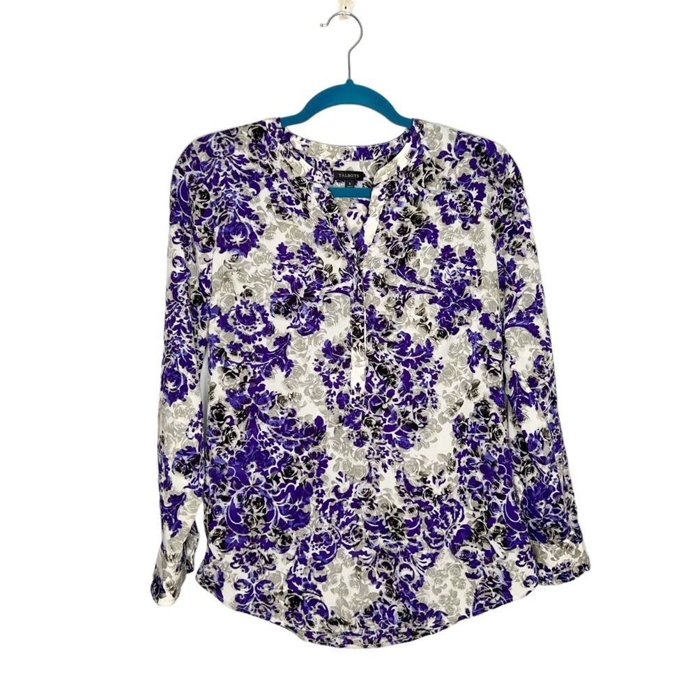 Talbots Purple Blue & Gray Floral Damask Print Popover Blouse